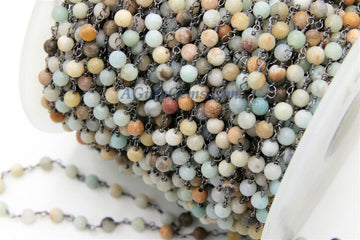 Natural Light Amazonite Gunmetal Rosary Chain, 4 mm Black Wire Wrapped CH #352, Boho Style Chain